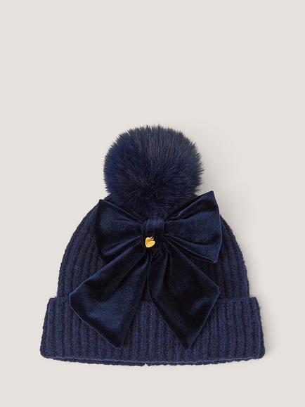 Monsoon Kids' Velvet Bow Beanie Hat, Navy, Navy