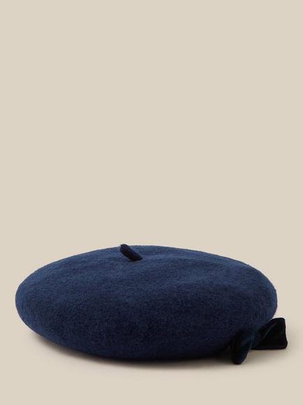 Monsoon Kids' Velvet Bow Wool Beret, Navy - view 2, Navy
