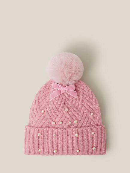 Monsoon Kids' Cable Knit Pearl Beanie Hat, Pink, Pink