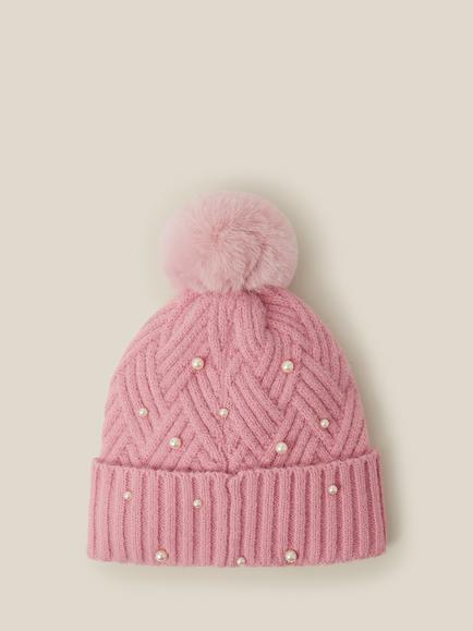 Monsoon Kids' Cable Knit Pearl Beanie Hat, Pink - view 2, Pink