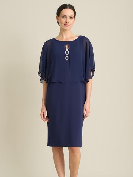 Gina Bacconi Diamante Trim Chiffon Cape Dress, Navy, Navy