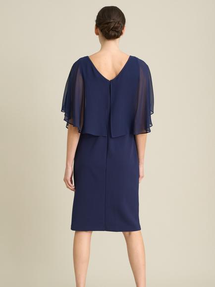 Gina Bacconi Diamante Trim Chiffon Cape Dress, Navy - view 2, Navy