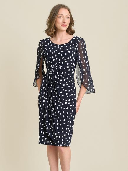 Gina Bacconi Three Quarter Sleeve Chiffon Dress, Navy/White, Navy/White