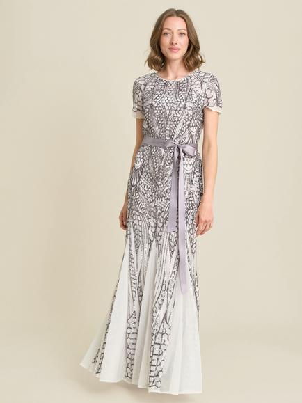 Gina Bacconi Mindi Embroidered Sequin Godet Maxi Dress, Ivory/Pewter, Ivory/Pewter