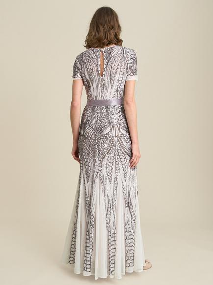 Gina Bacconi Mindi Embroidered Sequin Godet Maxi Dress, Ivory/Pewter - view 2, Ivory/Pewter