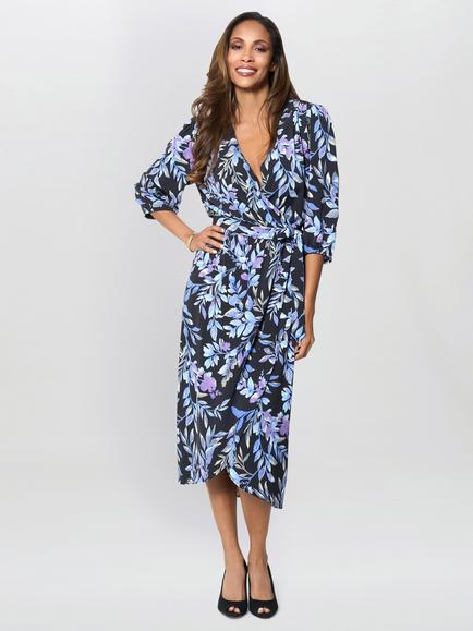 Gina Bacconi Alexis Floral Print Midi Dress, Black/Blue, Black/Blue