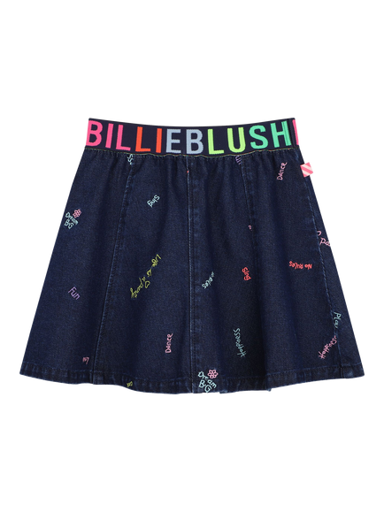 Billieblush Kids' Word Embroidery Denim Skirt, Blue, Blue