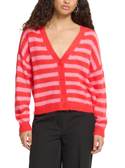 ICHI IhBlush Striped V-Neck Cardigan, Poinsettia Red & Pink, Poinsettia Red & Pink