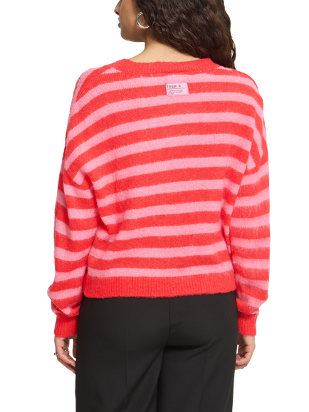 ICHI IhBlush Striped V-Neck Cardigan, Poinsettia Red & Pink - view 2, Poinsettia Red & Pink