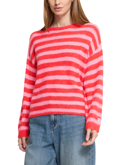 ICHI IhBlush Striped Jumper, Poinsettia Red & Pink, Poinsettia Red & Pink