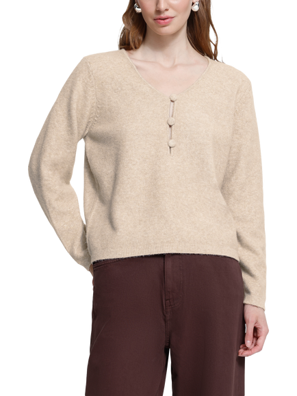 ICHI Ihdasila V-Neck Jumper, Oatmeal Melange, Oatmeal Melange