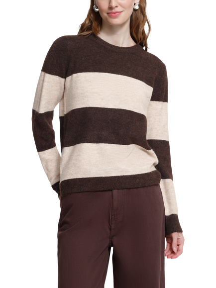ICHI Ihedeen Stripe Crew Neck Jumper, Chicory Coffee/White, Chicory Coffee/White