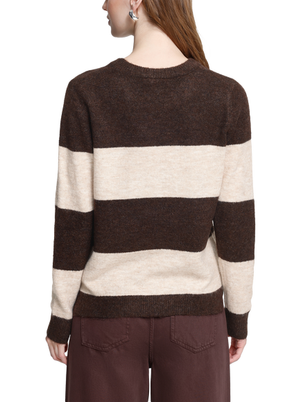 ICHI Ihedeen Stripe Crew Neck Jumper, Chicory Coffee/White - view 2, Chicory Coffee/White