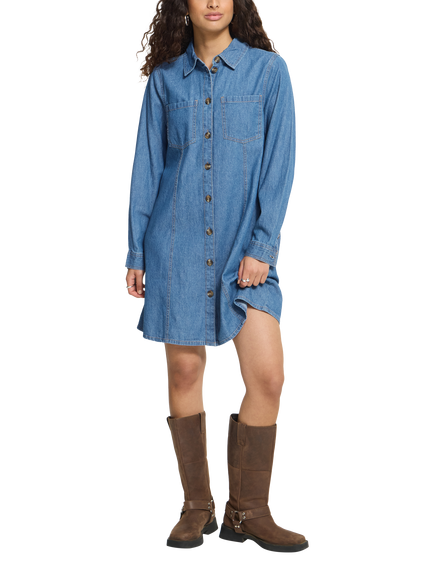 ICHI IhArcher Button Front Denim Shirt Dress, Washed Med. Blue, Washed Med. Blue