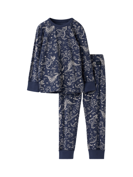 Polarn O. Pyret Kids' Long Sleeve Dinosaur Print Pyjama Set, Blue, Blue
