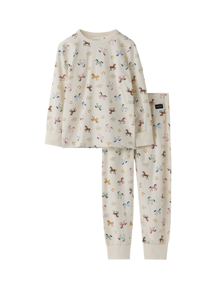 Polarn O. Pyret Kids' Long Sleeve Horse Print Pyjama Set, Natural, Natural