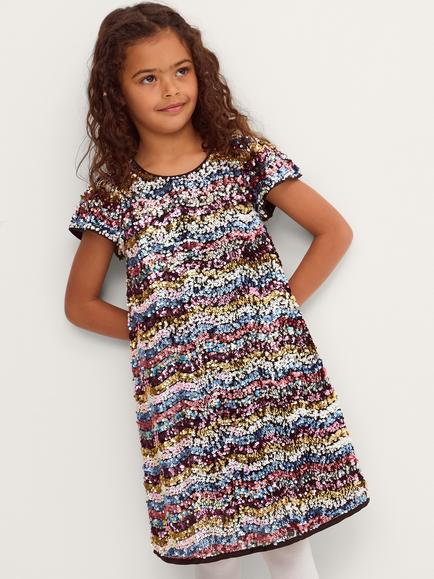 Monsoon Kids' Short Sleeve Sequin Party Dress, Multi, Multi