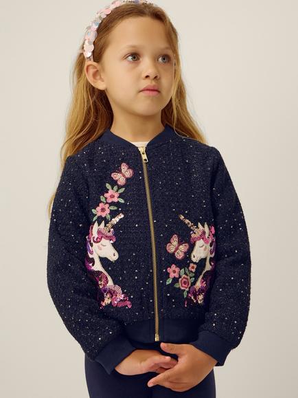 Monsoon Kids' Embroidered Unicorn Bomber Jacket, Navy, Navy
