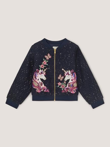 Monsoon Kids' Embroidered Unicorn Bomber Jacket, Navy - view 2, Navy