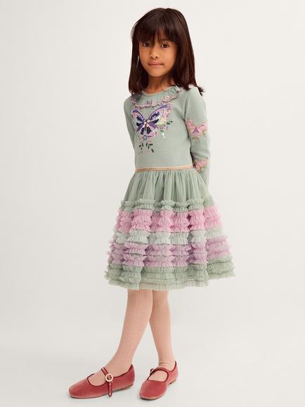 Monsoon Kids' Long Sleeve Sequin Disco Ruffle Dress, Green - view 2, Green