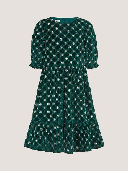 Monsoon Kids' Gracie Embellished Velvet Party Dress, Green - view 2, Green