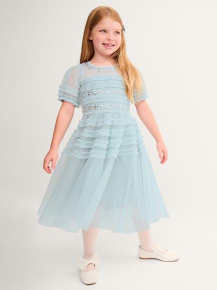 Monsoon Kids' Natalia Embellished Ruffle Party Dress, Pale Blue, Pale Blue