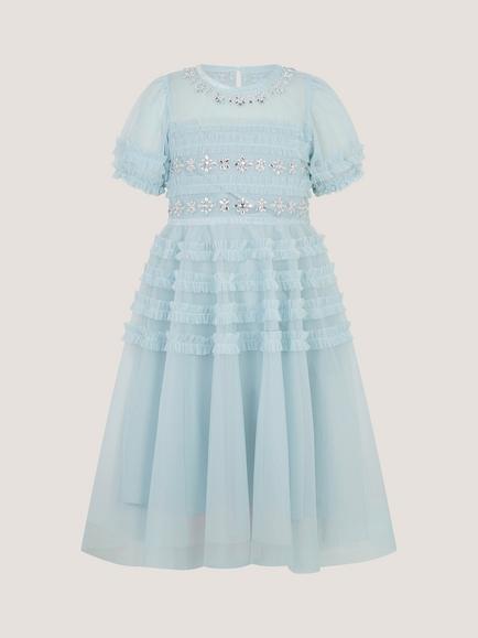Monsoon Kids' Natalia Embellished Ruffle Party Dress, Pale Blue - view 2, Pale Blue
