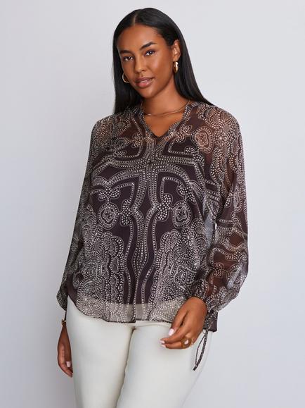 Live Unlimited Nehru Collar Blouson Long Sleeve Blouse, Brown, Brown