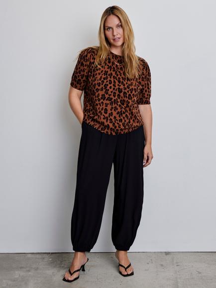 Live Unlimited Leopard Print Short Puff Sleeve Cotton Rich Jumper, Brown, Brown