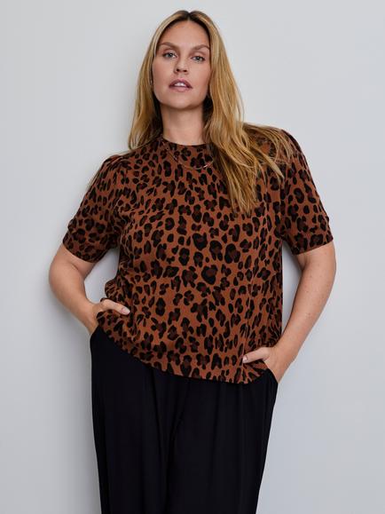 Live Unlimited Leopard Print Short Puff Sleeve Cotton Rich Jumper, Brown - view 2, Brown