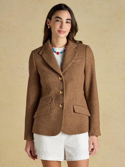 Joules Canterly Herringbone Wool Blend Tweed Blazer, Brown, Brown