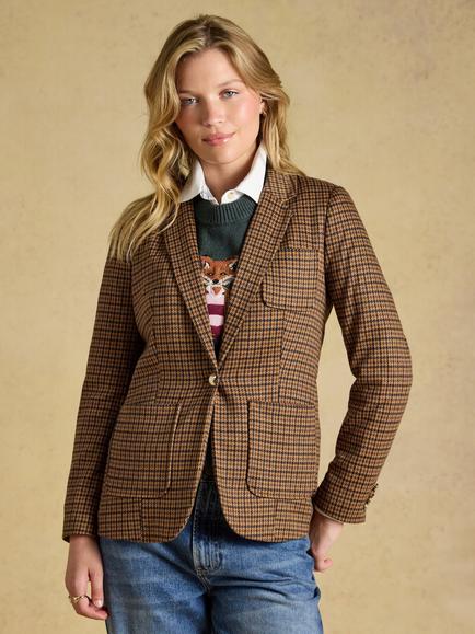 Joules Albury Check Herringbone Jersey Blazer, Brown, Brown