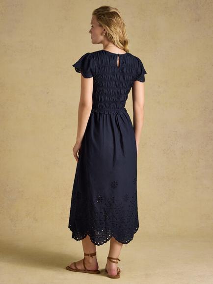 Joules Cotton Broderie Flutter Sleeve Midi Dress, Navy - view 2, Navy