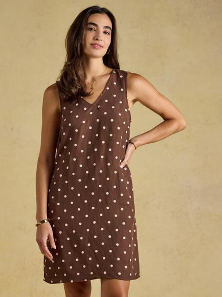 Joules Delphine Spot V-Neck Linen Blend Shift Dress, Chocolate Brown, Chocolate Brown