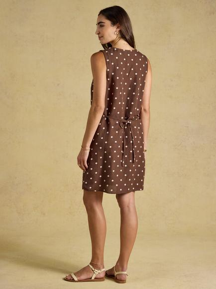 Joules Delphine Spot V-Neck Linen Blend Shift Dress, Chocolate Brown - view 2, Chocolate Brown