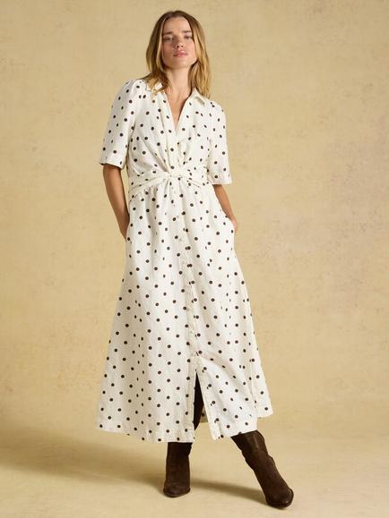 Joules Marina Polka Dot Linen Rich A-Line Midi Dress, Cream, Cream