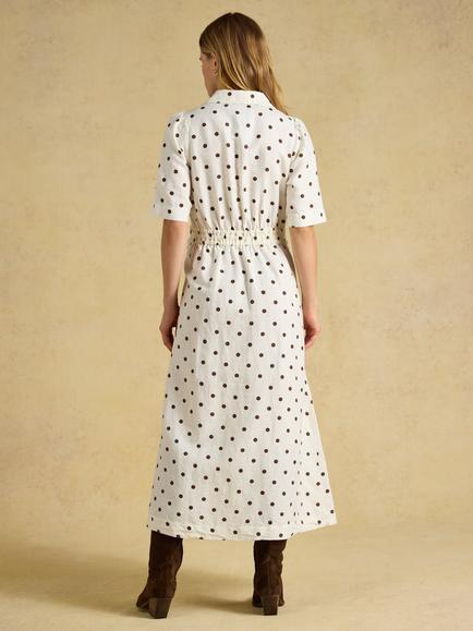 Joules Marina Polka Dot Linen Rich A-Line Midi Dress, Cream - view 2, Cream