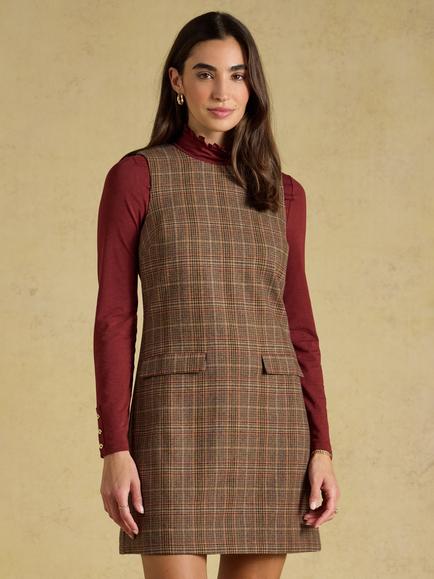 Joules Sleeveless Tweed Shift Dress, Brown, Brown