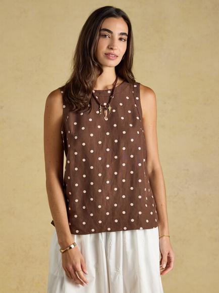 Joules Spot Round Neck Linen Blend Sleeveless Top, Brown, Brown