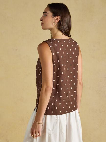 Joules Spot Round Neck Linen Blend Sleeveless Top, Brown - view 2, Brown