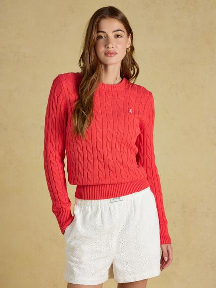 Joules Cable Knit Cotton Jumper, Red, Red
