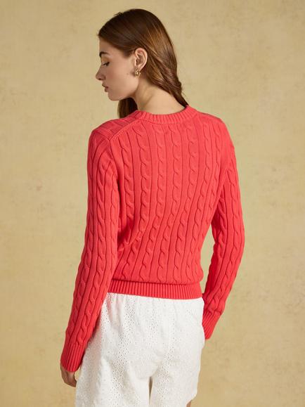 Joules Cable Knit Cotton Jumper, Red - view 2, Red