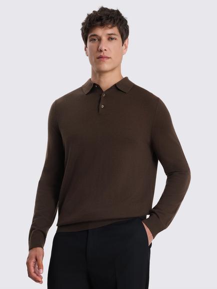 Moss Long Sleeve Merino Wool Blend Polo Shirt, Brown