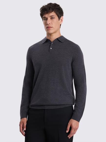 Moss Long Sleeve Merino Wool Blend Polo Shirt, Charcoal Grey