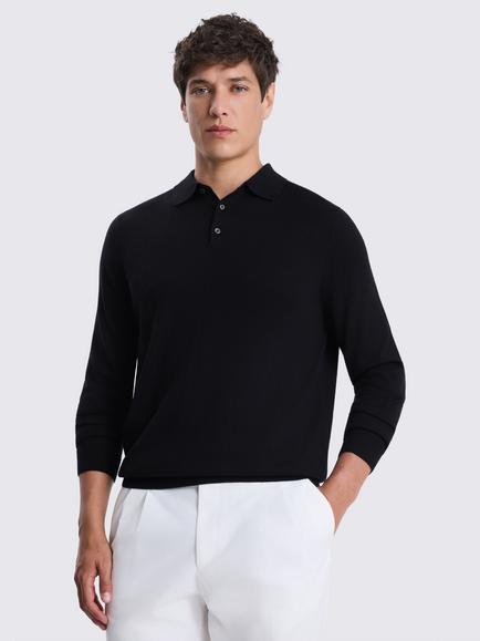 Moss Long Sleeve Merino Wool Blend Polo Shirt, Navy Blue