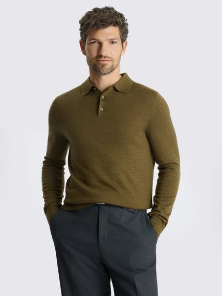 Moss Long Sleeve Merino Wool Blend Polo Shirt, Olive Green