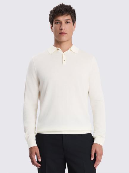 Moss Long Sleeve Merino Wool Blend Polo Shirt, Winter White