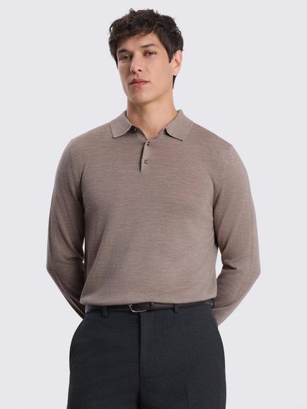 Moss Long Sleeve Merino Wool Blend Polo Shirt, Taupe Brown