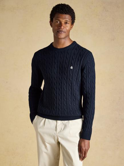 Joules Cotton Crew Neck Cable Knit Jumper, Navy, Navy
