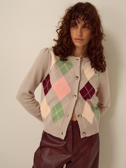 Monsoon Alba Argyle Cardigan, Mink, Mink